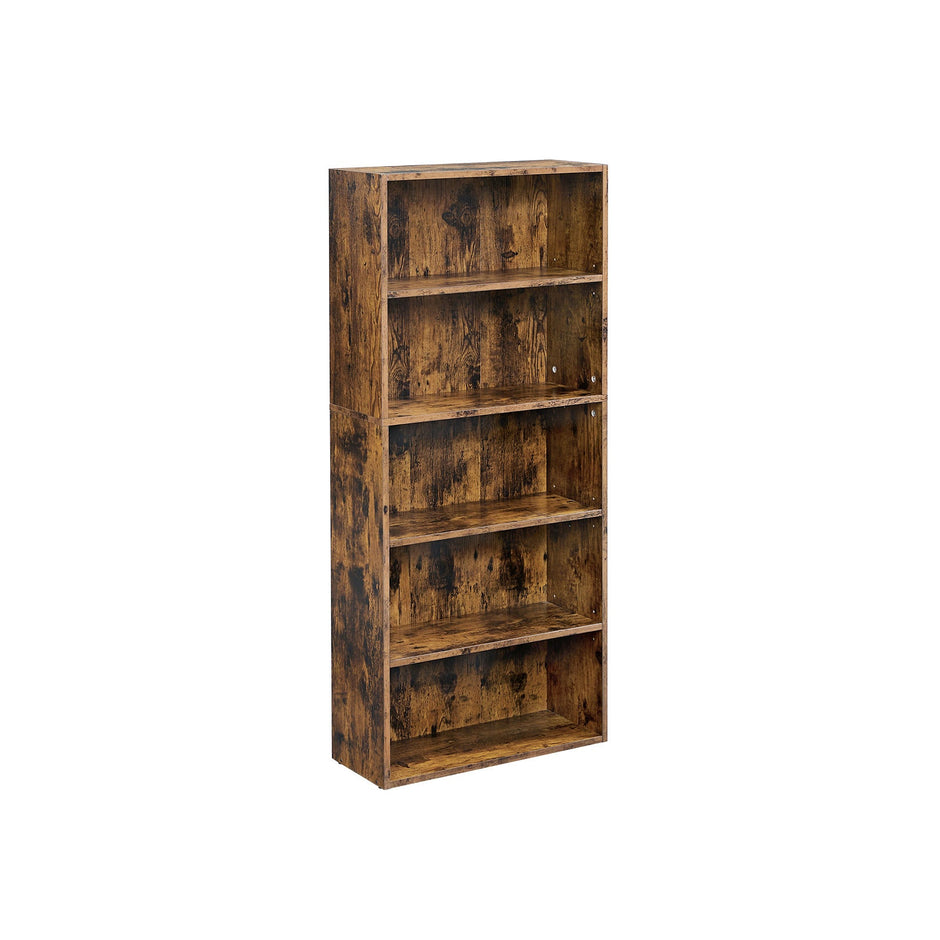 5-Tier Bookcase – Wood – Rustic Brown – Adjustable Storage Shelves