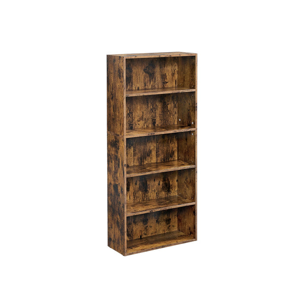5-Tier Bookcase – Wood – Rustic Brown – Adjustable Storage Shelves