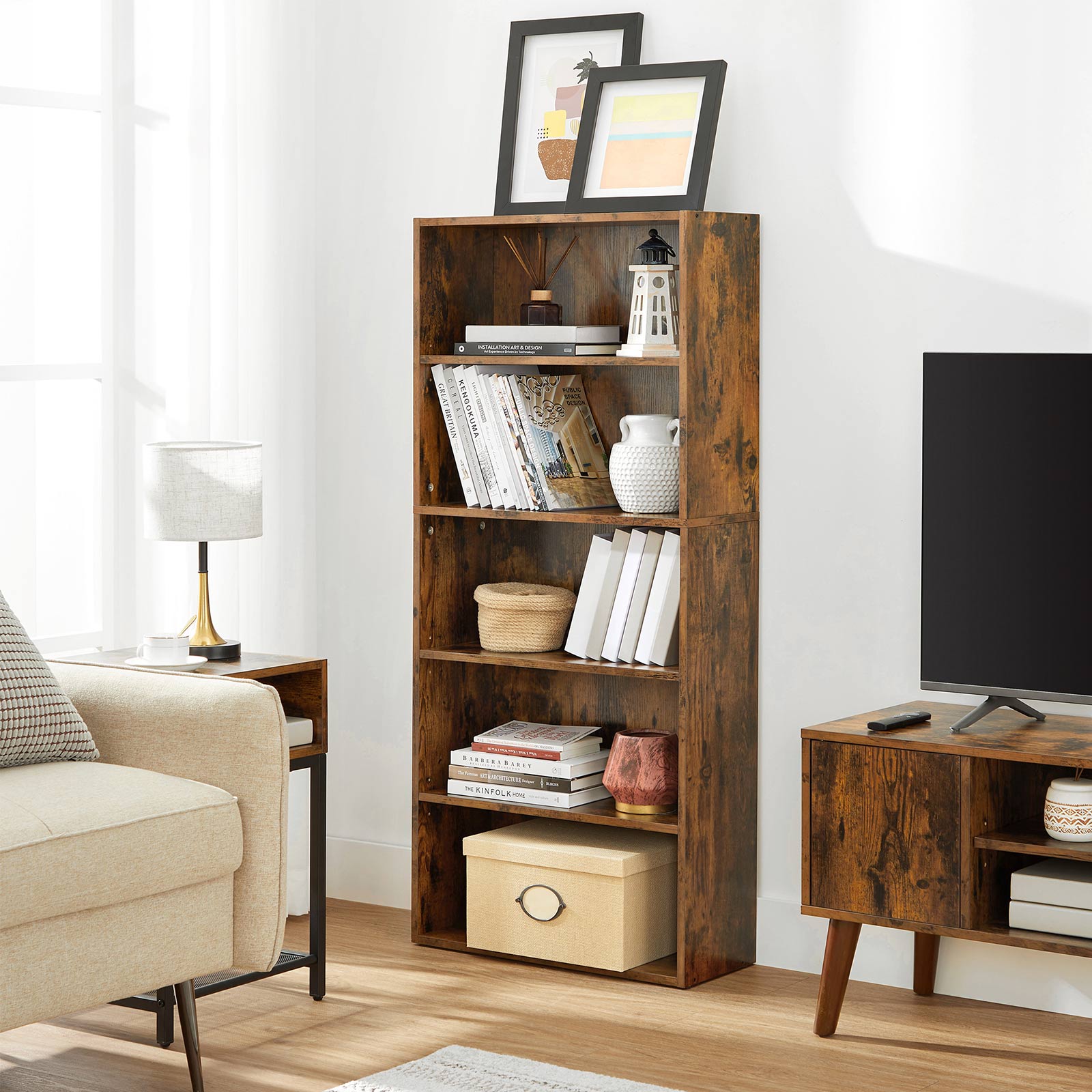 5-Tier Bookcase – Wood – Rustic Brown – Adjustable Storage Shelves