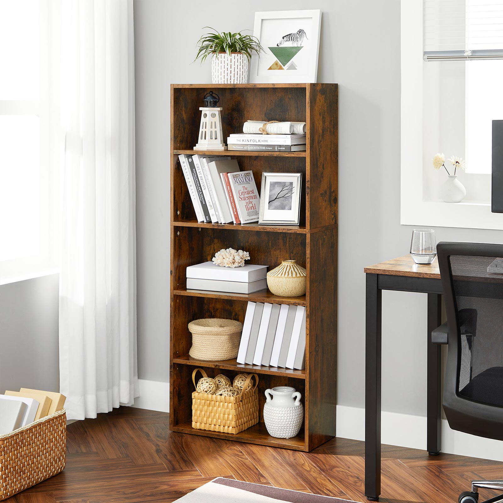 5-Tier Bookcase – Wood – Rustic Brown – Adjustable Storage Shelves