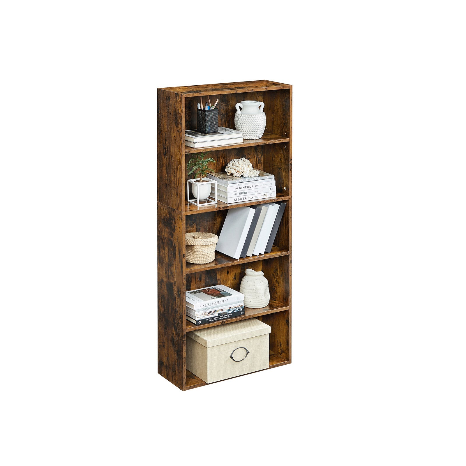 5-Tier Bookcase – Wood – Rustic Brown – Adjustable Storage Shelves