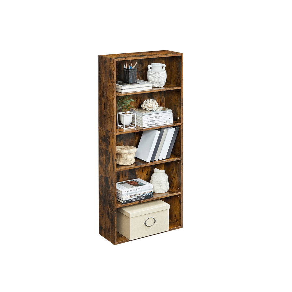 5-Tier Bookcase – Wood – Rustic Brown – Adjustable Storage Shelves