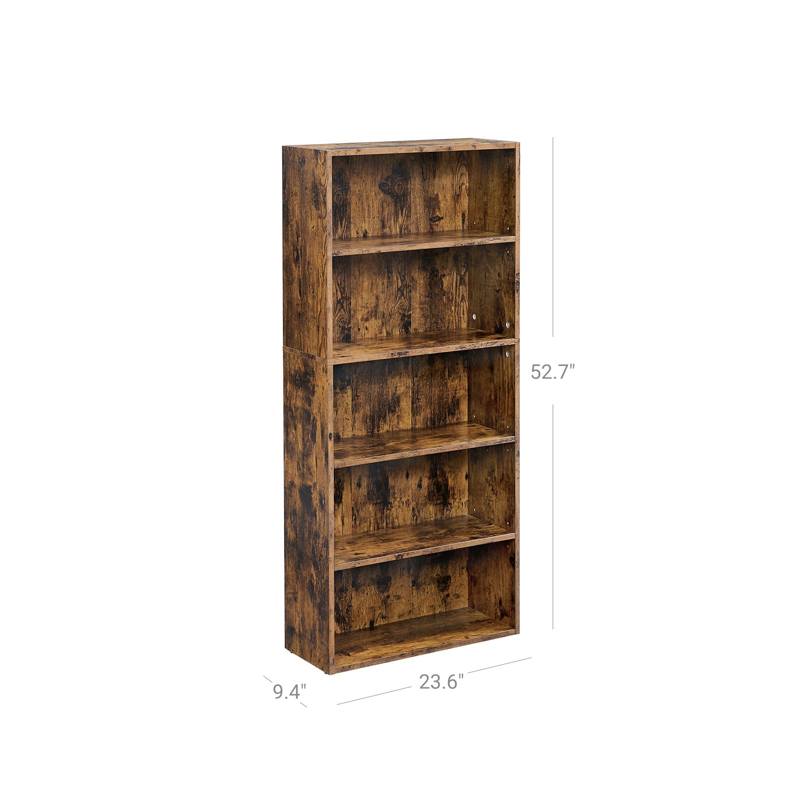 5-Tier Bookcase – Wood – Rustic Brown – Adjustable Storage Shelves