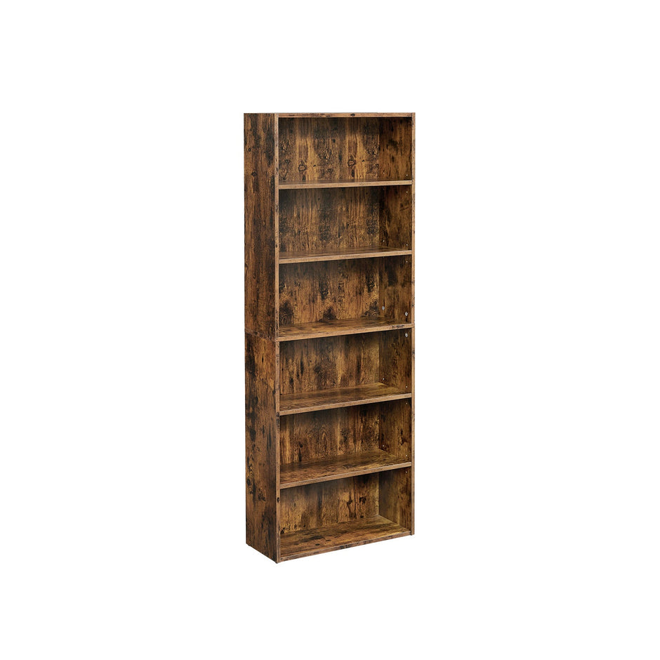 6-Tier Bookcase – Engineered Wood – Rustic Brown – Adjustable Storage Shelves