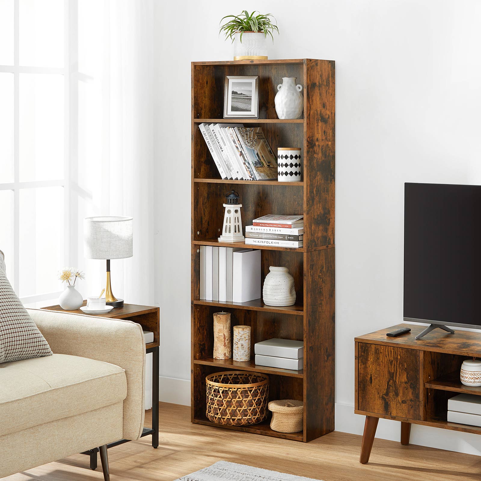 6-Tier Bookcase – Engineered Wood – Rustic Brown – Adjustable Storage Shelves