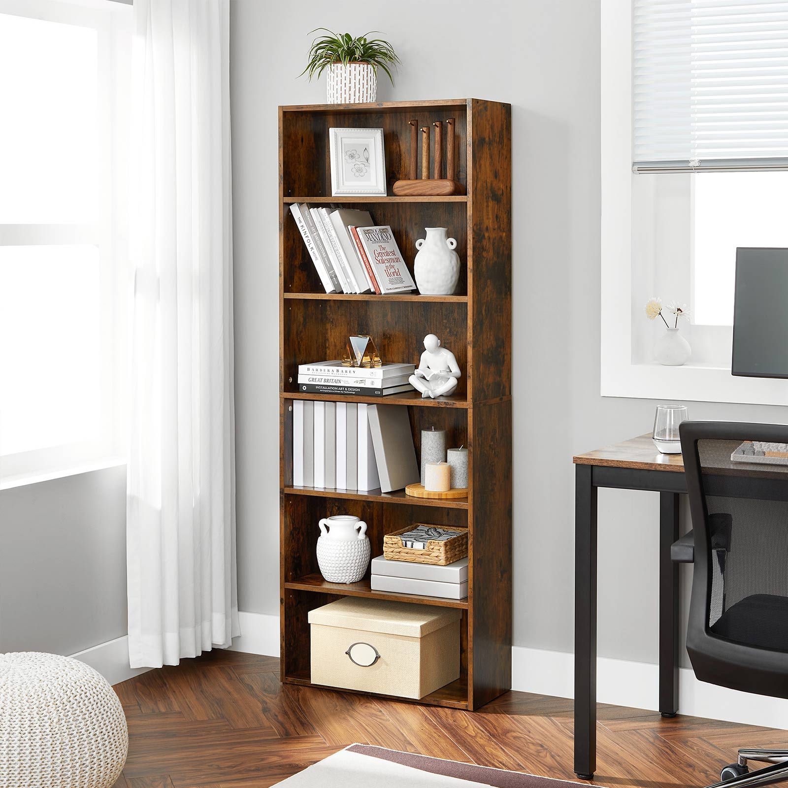 6-Tier Bookcase – Engineered Wood – Rustic Brown – Adjustable Storage Shelves