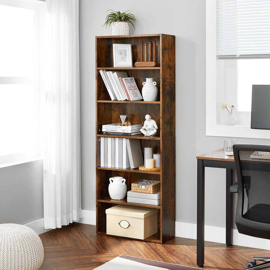 6-Tier Bookcase – Engineered Wood – Rustic Brown – Adjustable Storage Shelves