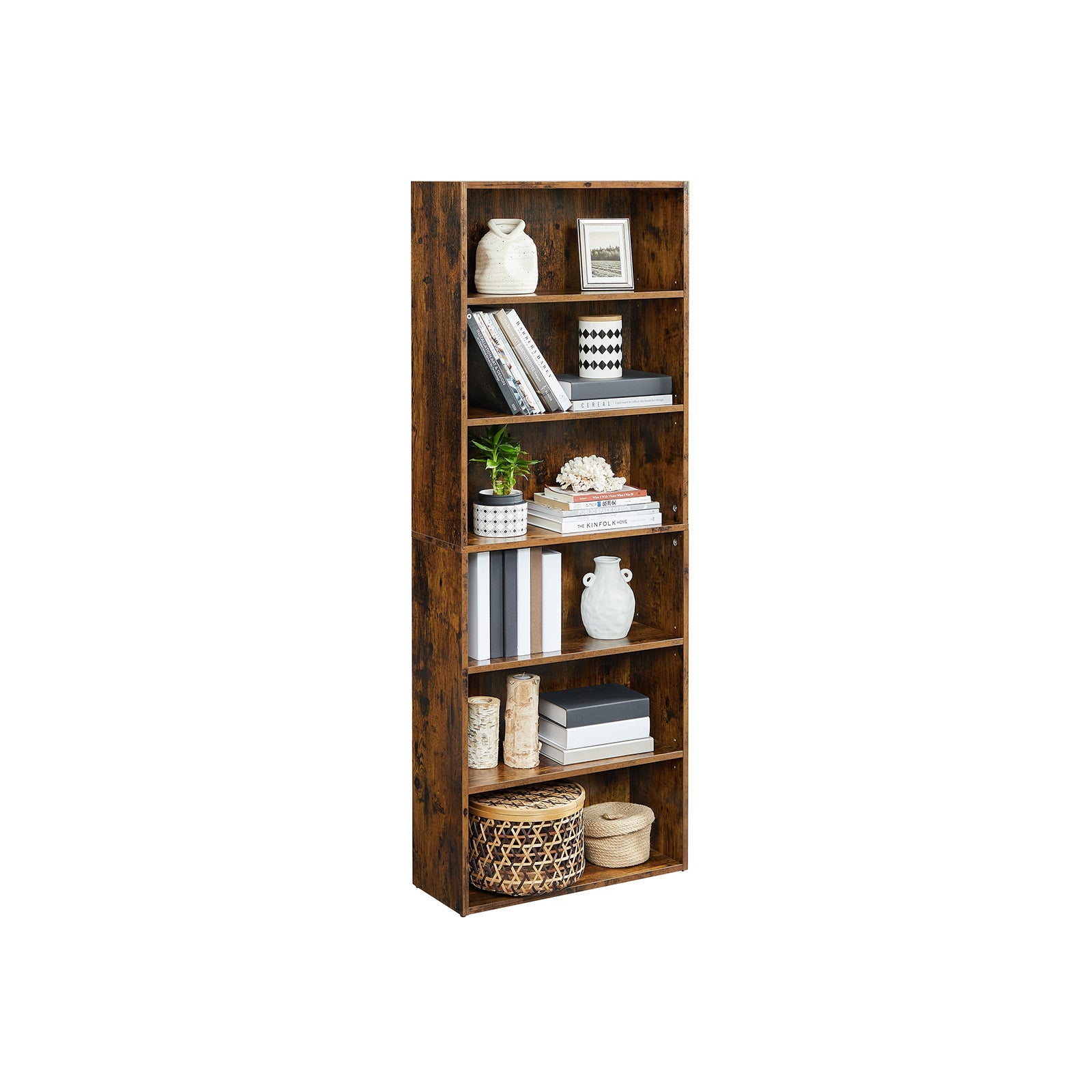 6-Tier Bookcase – Engineered Wood – Rustic Brown – Adjustable Storage Shelves
