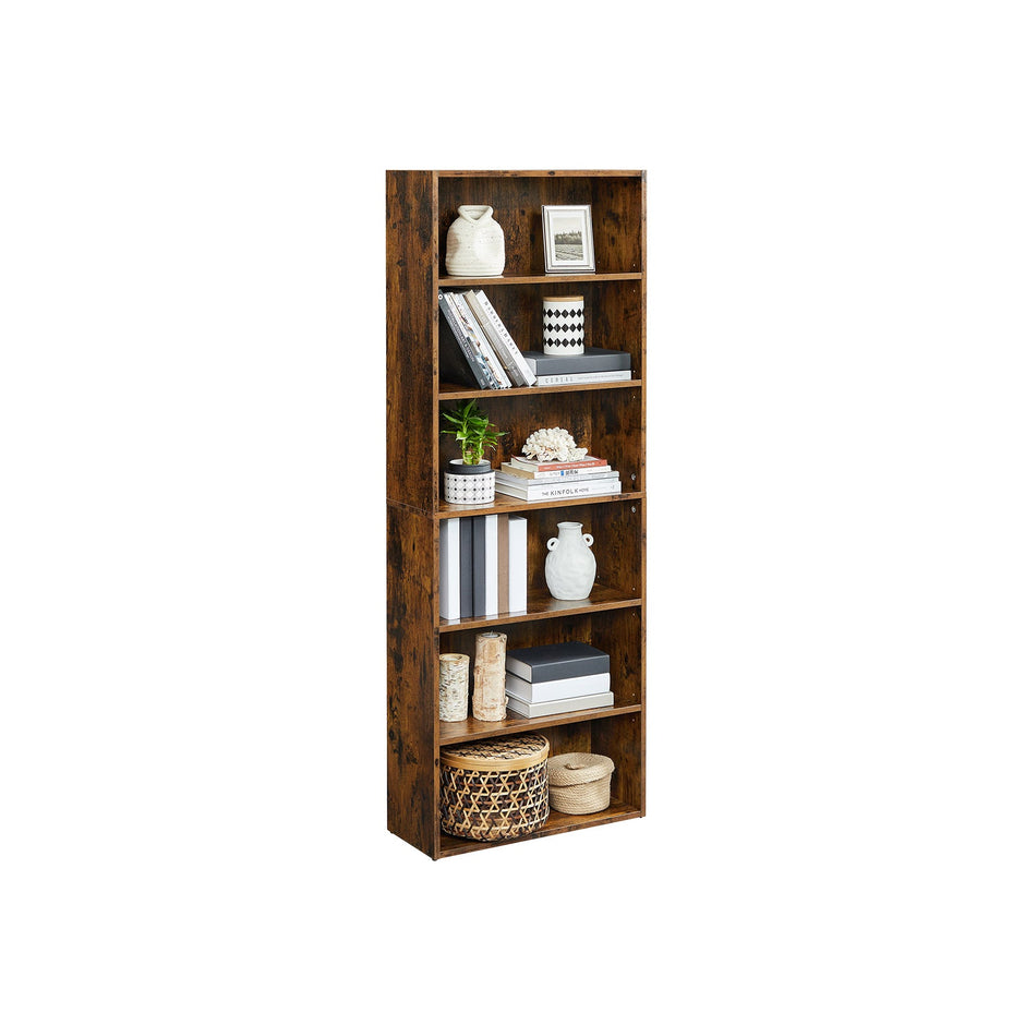 6-Tier Bookcase – Engineered Wood – Rustic Brown – Adjustable Storage Shelves