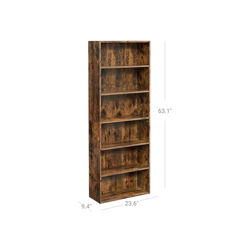 6-Tier Bookcase – Engineered Wood – Rustic Brown – Adjustable Storage Shelves