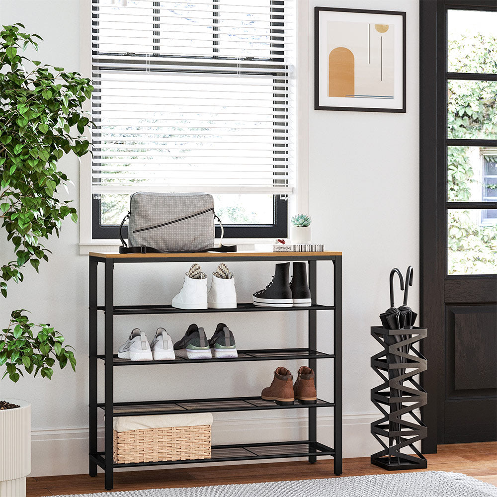 Shoe Rack – Steel – Honey Brown and Black – 4 Mesh Shelves with Large Surface for Bags