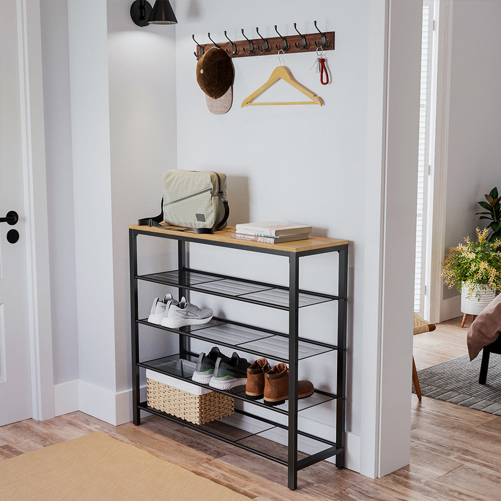 Shoe Rack – Steel – Honey Brown and Black – 4 Mesh Shelves with Large Surface for Bags