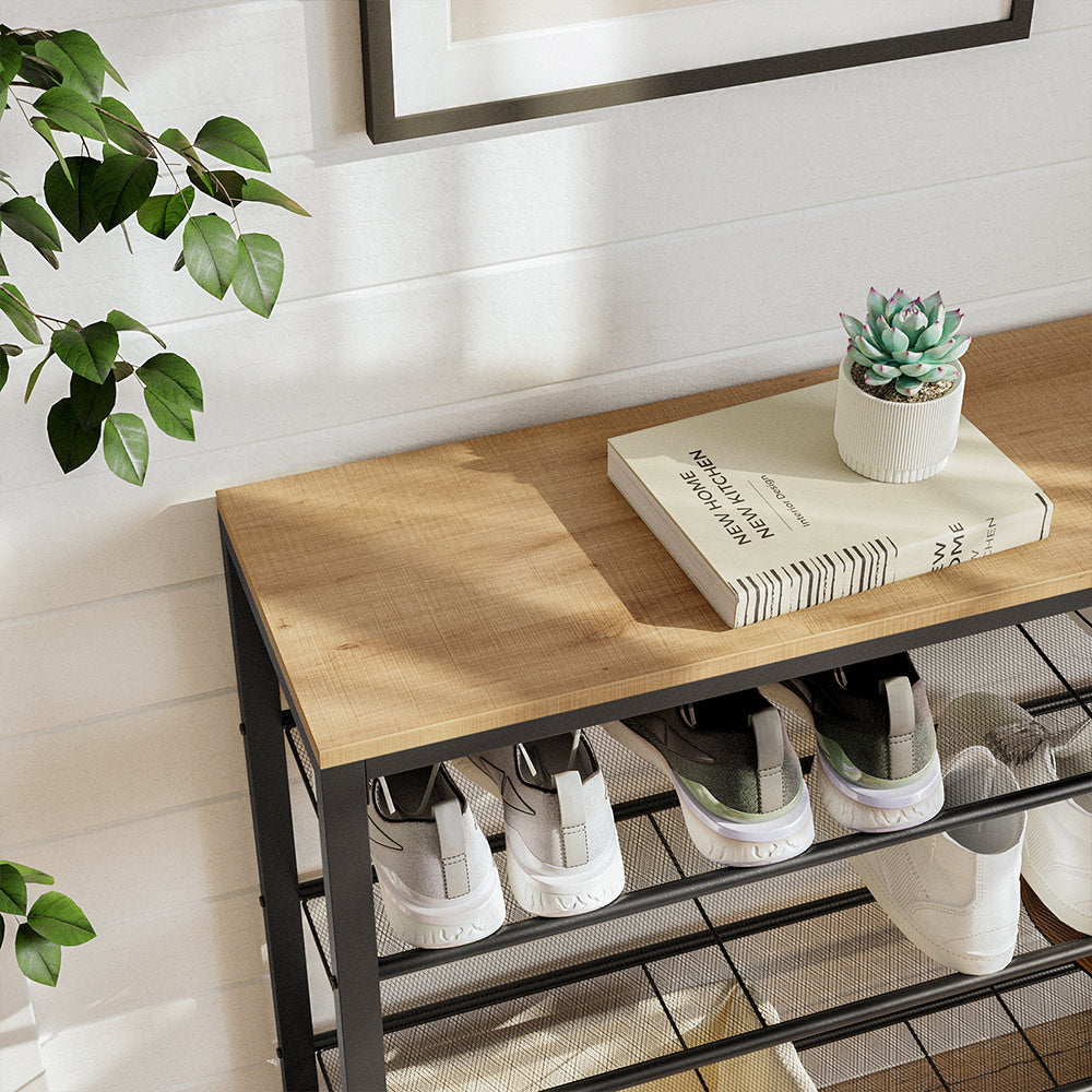 Shoe Rack – Steel – Honey Brown and Black – 4 Mesh Shelves with Large Surface for Bags