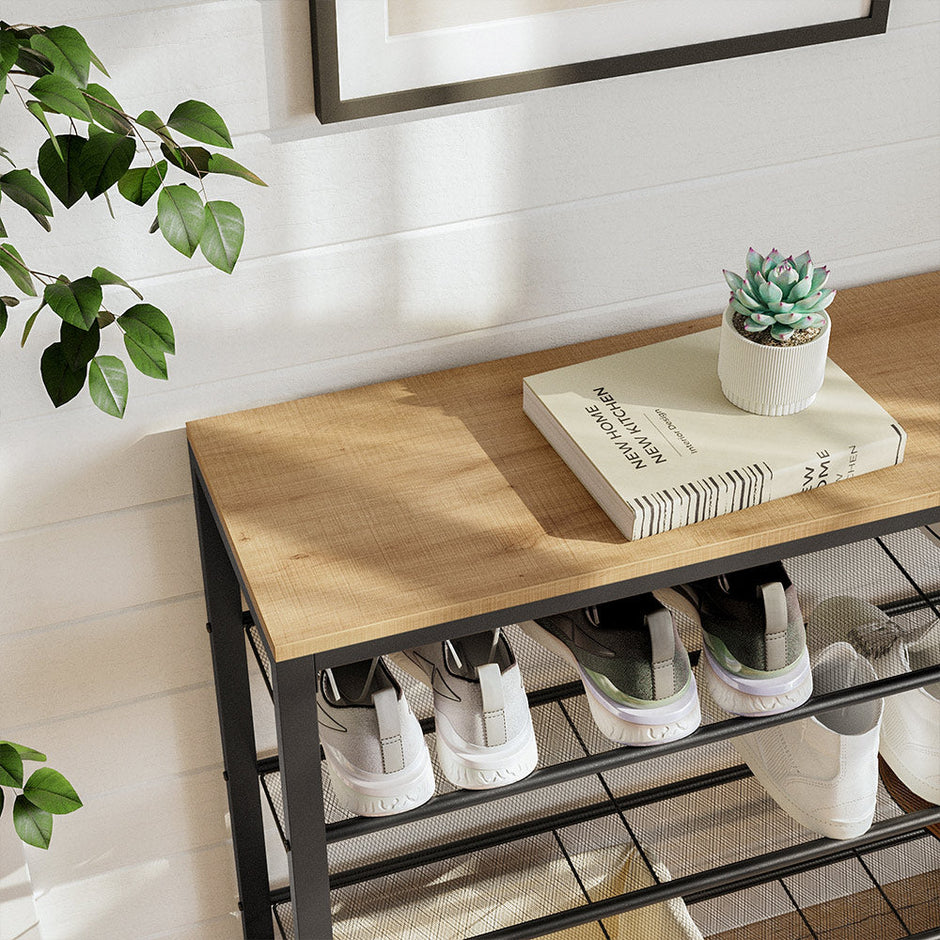 Shoe Rack – Steel – Honey Brown and Black – 4 Mesh Shelves with Large Surface for Bags