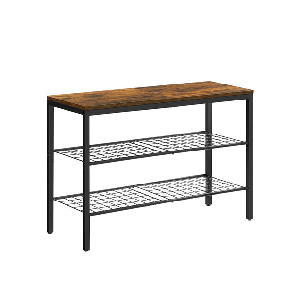 3-Tier Shoe Organizer – Metal and Wood – Rustic Brown and Black – Grid Shelves for Up to 6 Pairs