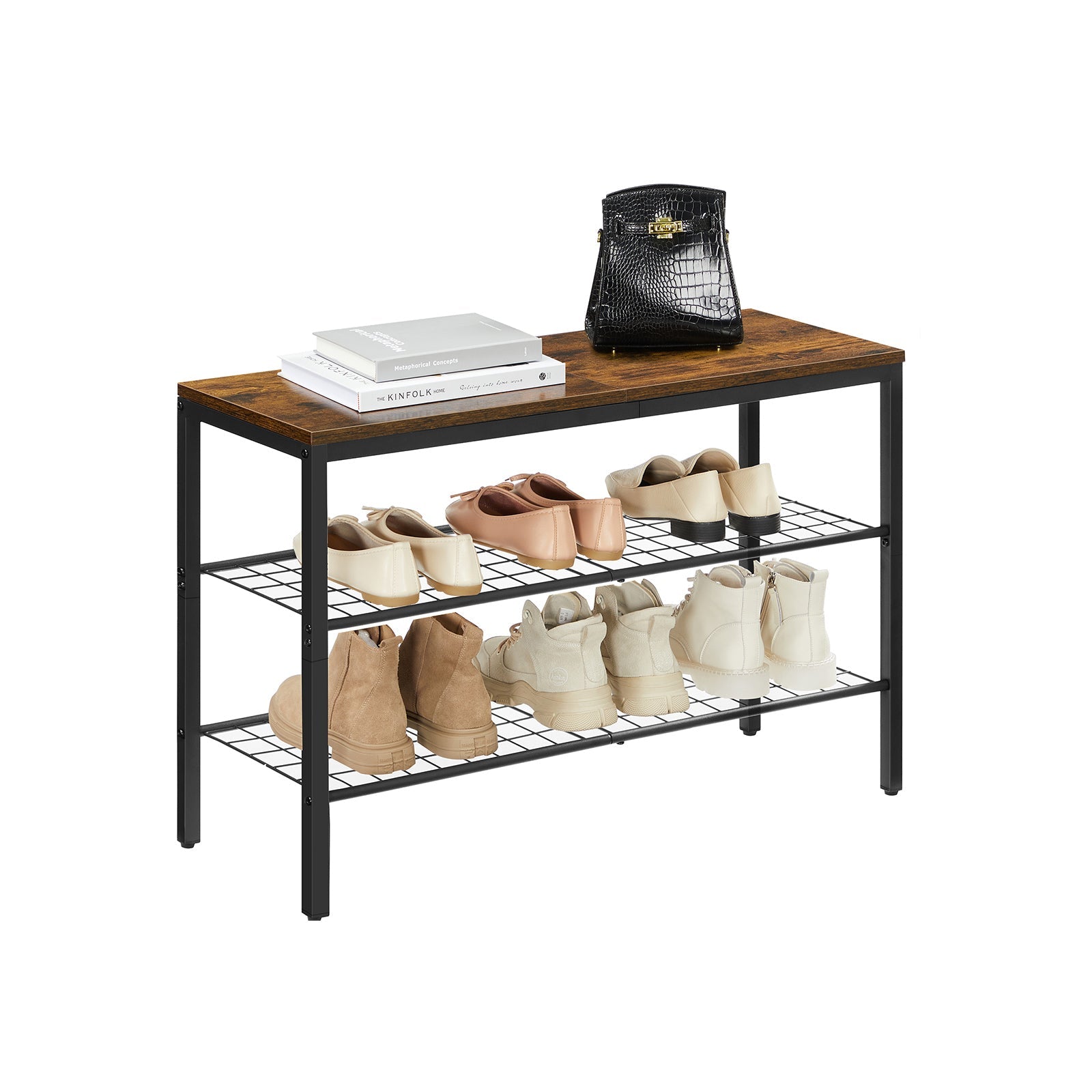 3-Tier Shoe Organizer – Metal and Wood – Rustic Brown and Black – Grid Shelves for Up to 6 Pairs