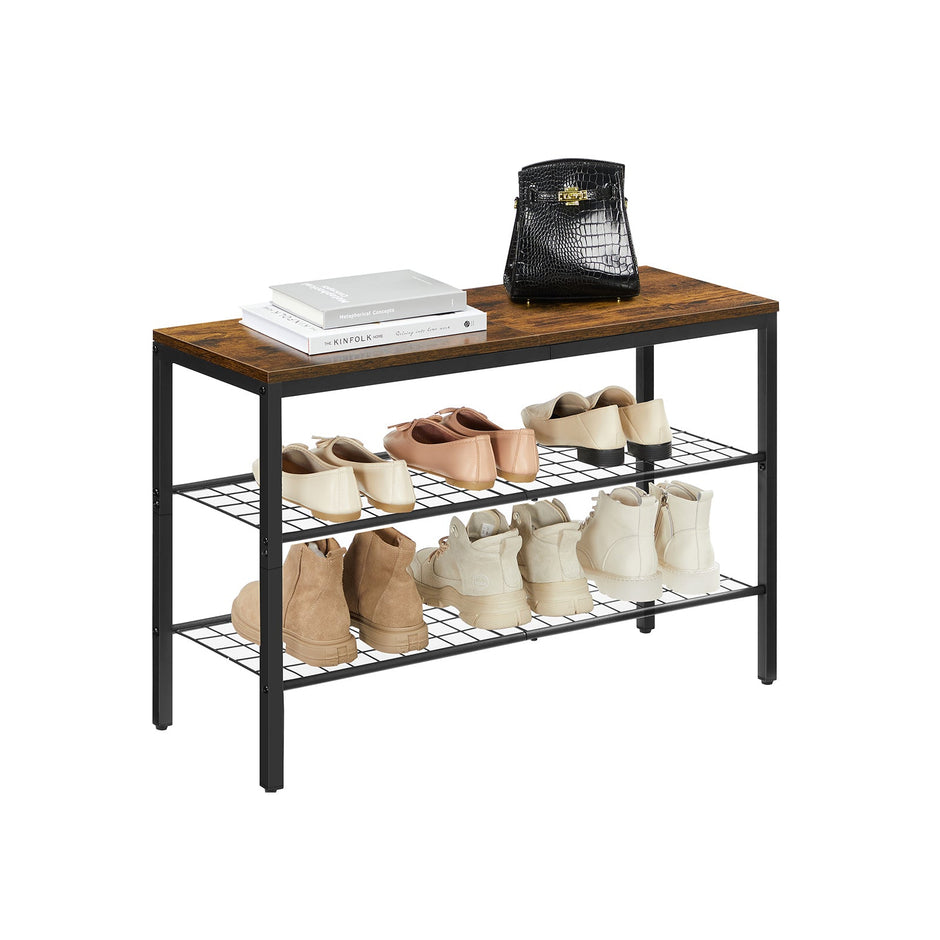 3-Tier Shoe Organizer – Metal and Wood – Rustic Brown and Black – Grid Shelves for Up to 6 Pairs