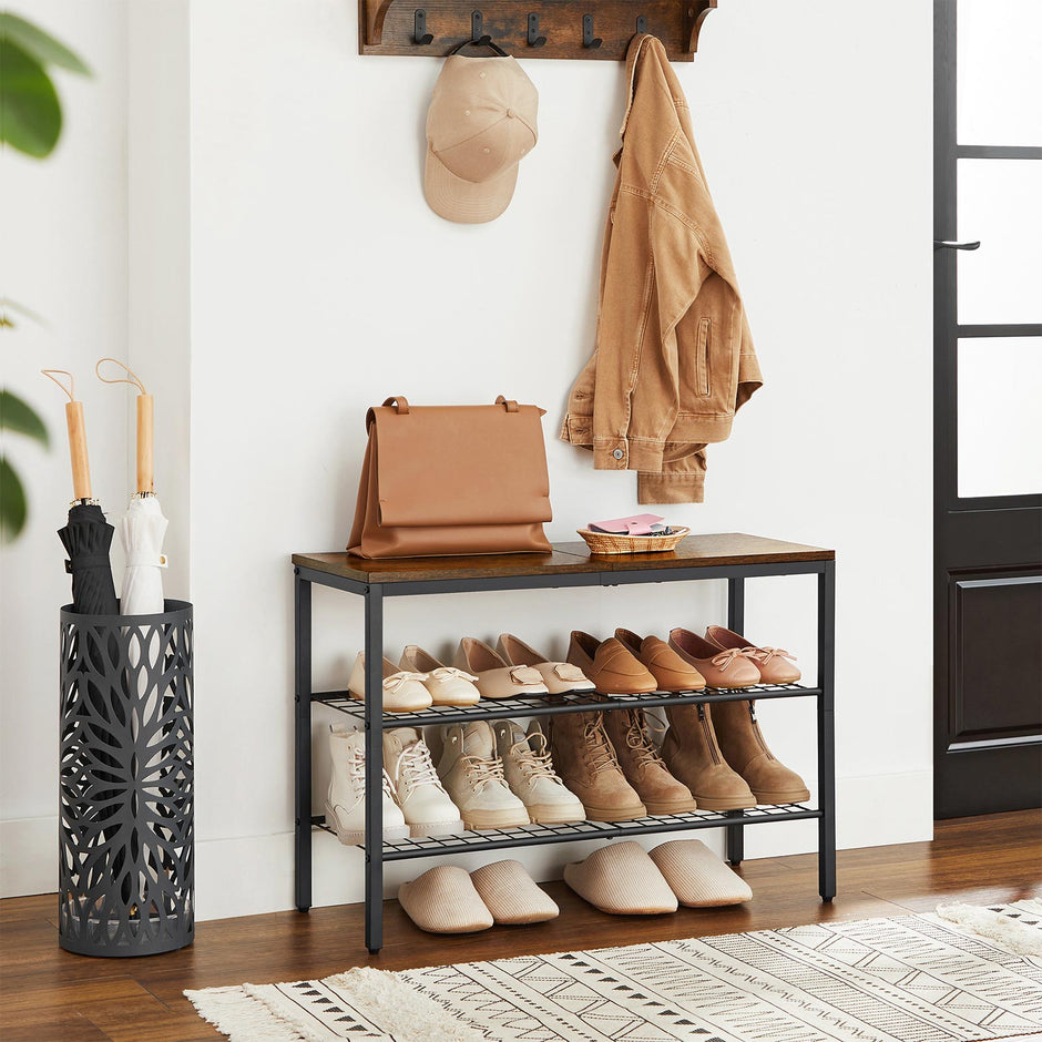 3-Tier Shoe Organizer – Metal and Wood – Rustic Brown and Black – Grid Shelves for Up to 6 Pairs