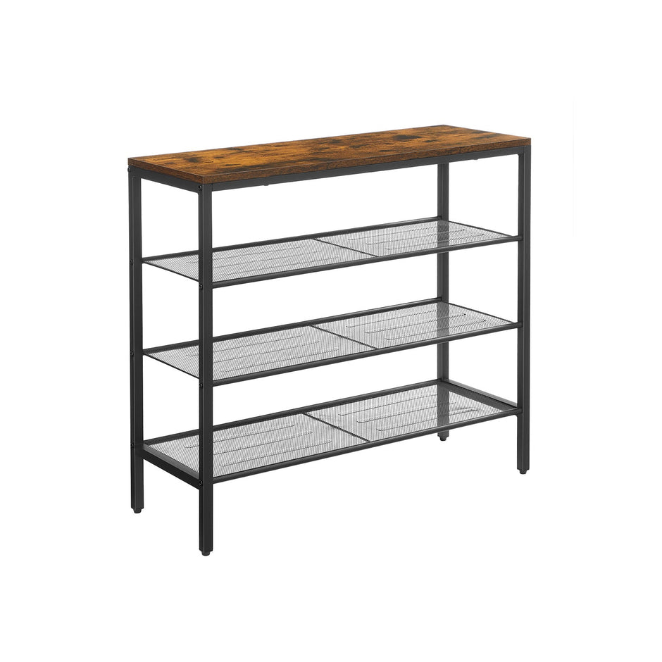 Shoe Rack – Steel – Rustic Brown and Black – 4-Tier with Mesh Shelves, Holds 9 Pairs