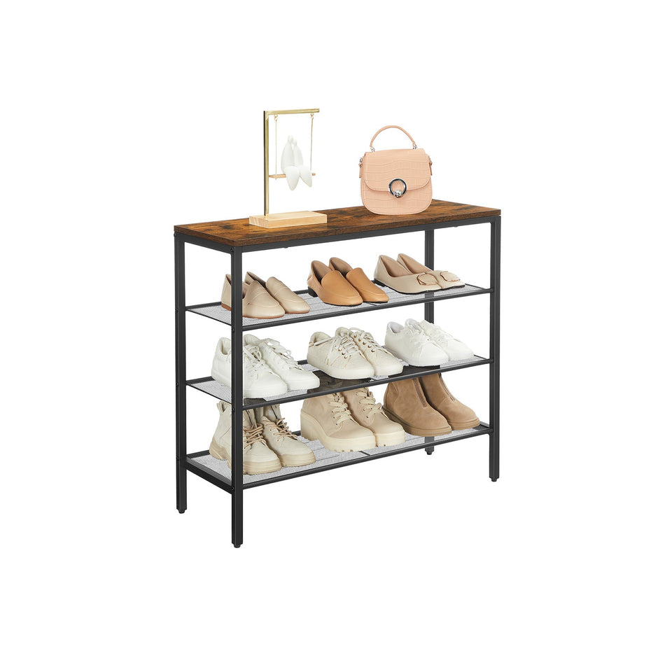 Shoe Rack – Steel – Rustic Brown and Black – 4-Tier with Mesh Shelves, Holds 9 Pairs