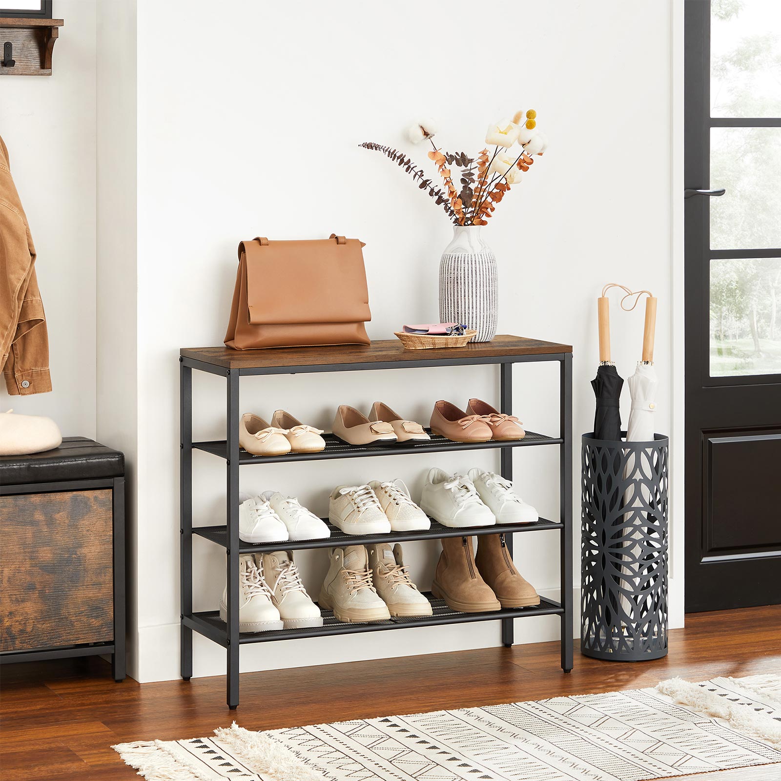 Shoe Rack – Steel – Rustic Brown and Black – 4-Tier with Mesh Shelves, Holds 9 Pairs