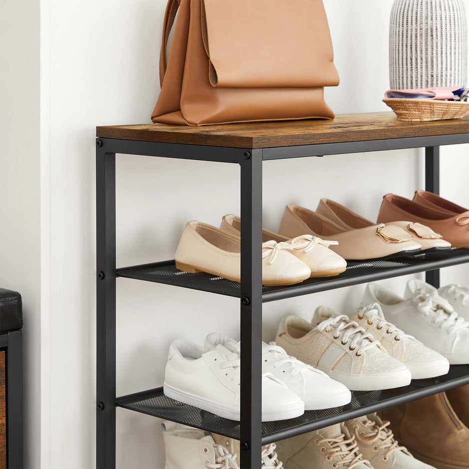 Shoe Rack – Steel – Rustic Brown and Black – 4-Tier with Mesh Shelves, Holds 9 Pairs