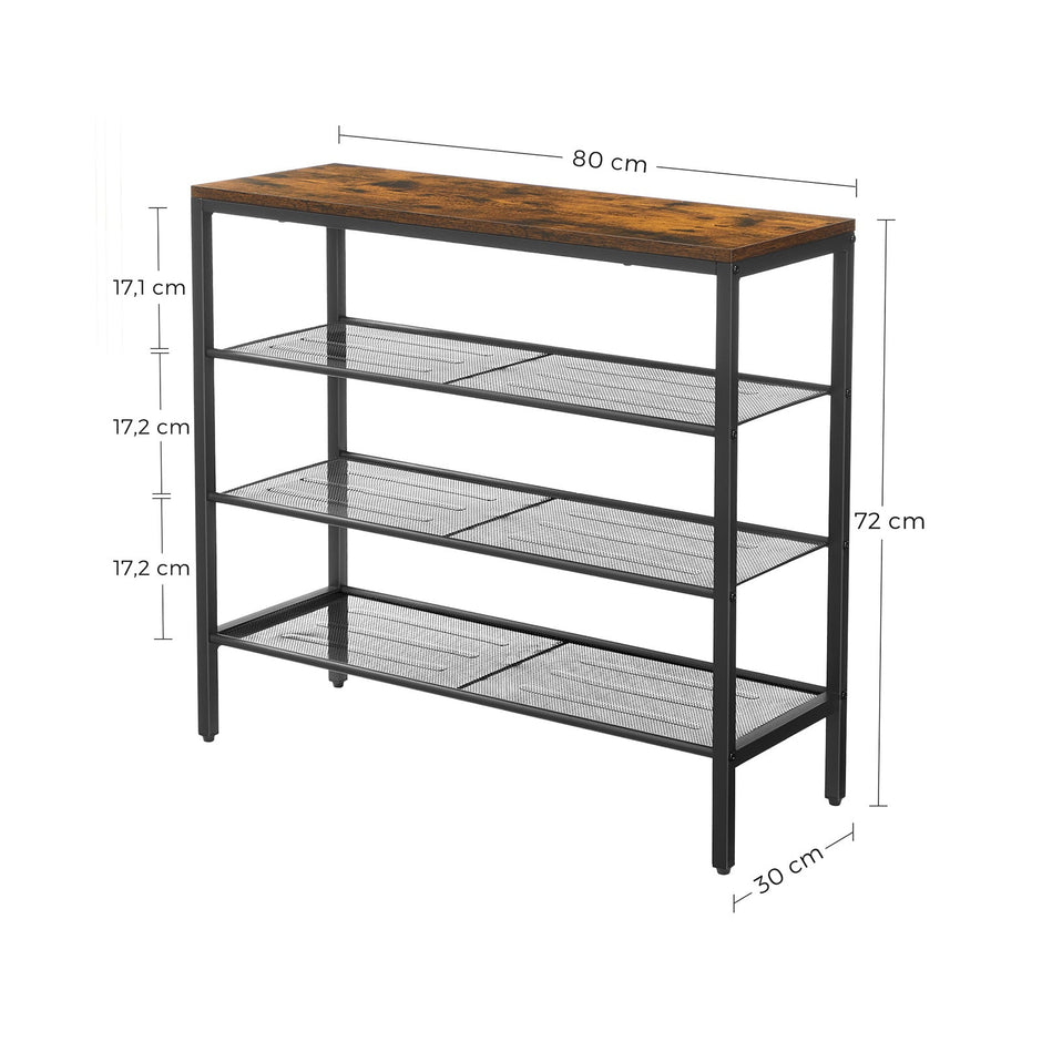 Shoe Rack – Steel – Rustic Brown and Black – 4-Tier with Mesh Shelves, Holds 9 Pairs