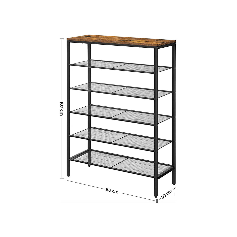 Shoe Rack – Steel – Rustic Brown and Black – 6-Tier Mesh Shelves for 15 Pairs