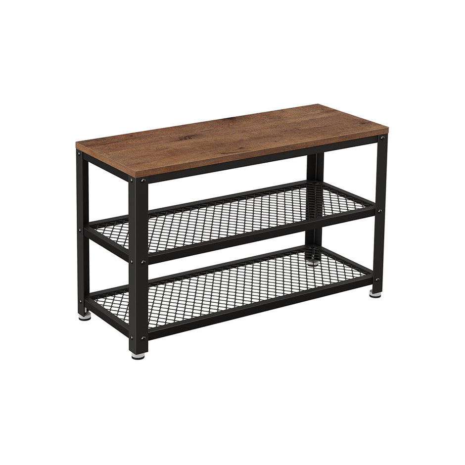 Shoe Bench – Steel Frame – Hazelnut Brown and Black – 3-Tier Storage with Seat and Shelf