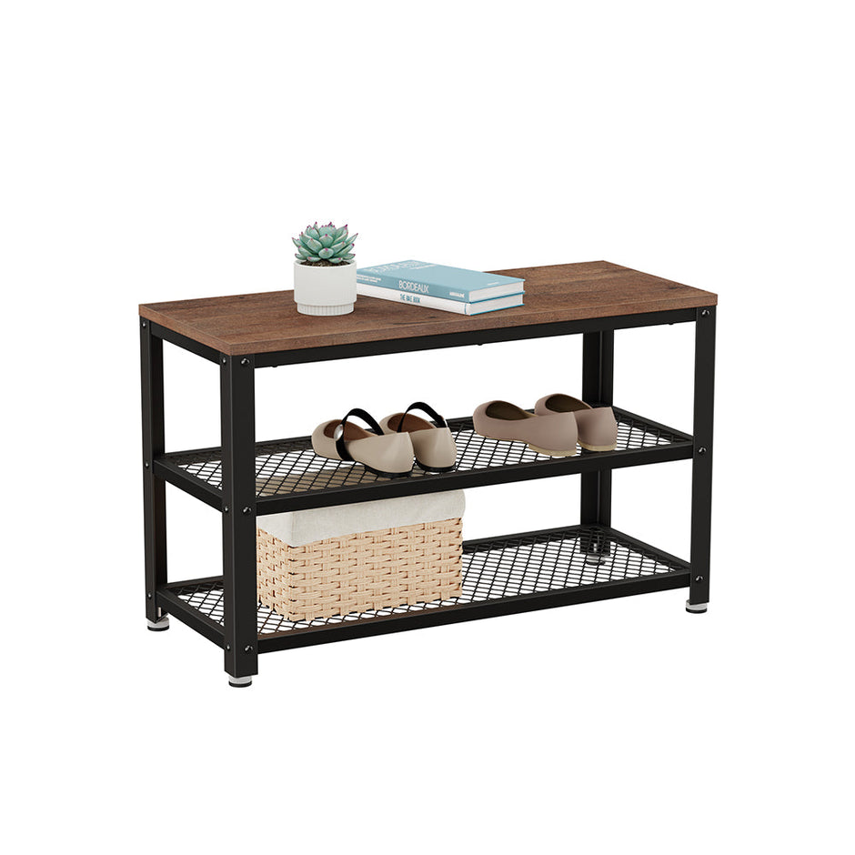 Shoe Bench – Steel Frame – Hazelnut Brown and Black – 3-Tier Storage with Seat and Shelf