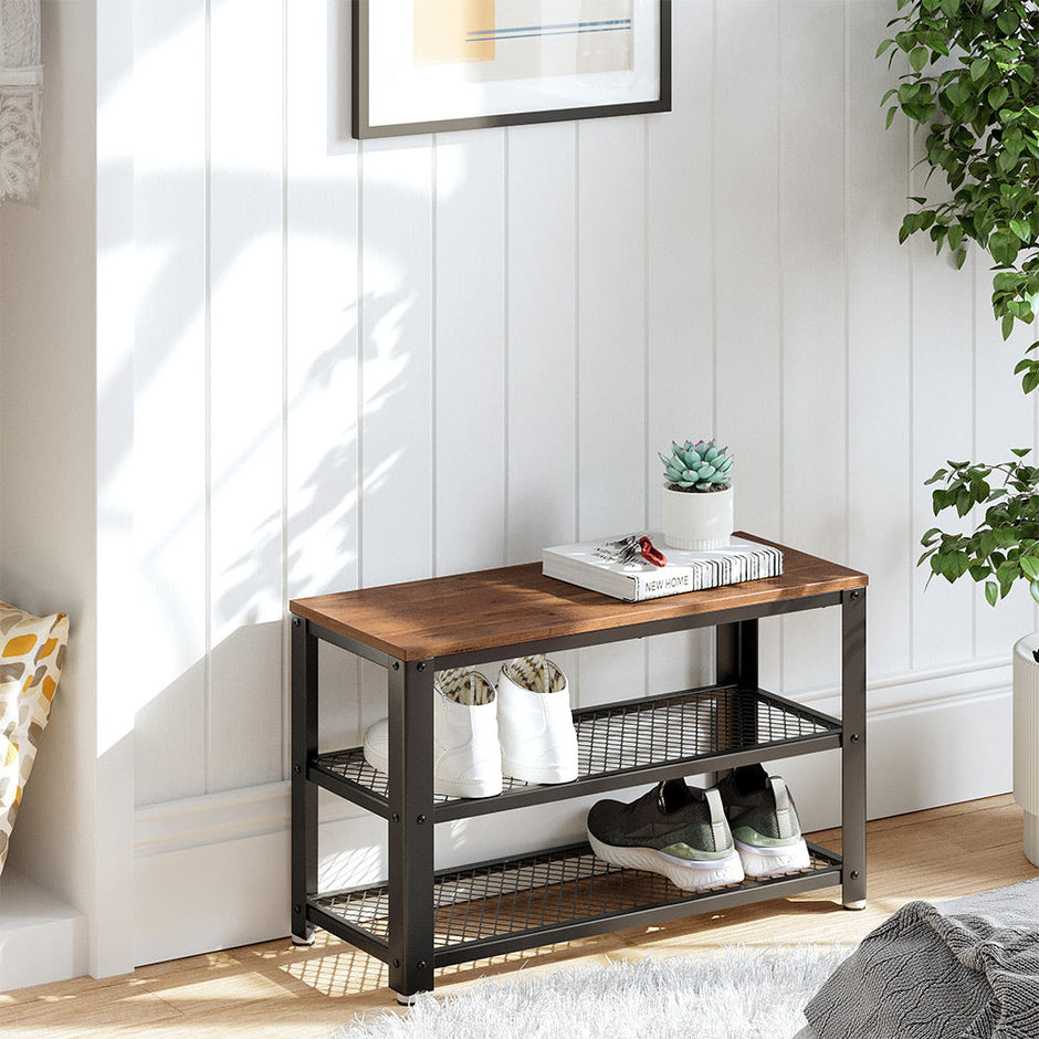 Shoe Bench – Steel Frame – Hazelnut Brown and Black – 3-Tier Storage with Seat and Shelf
