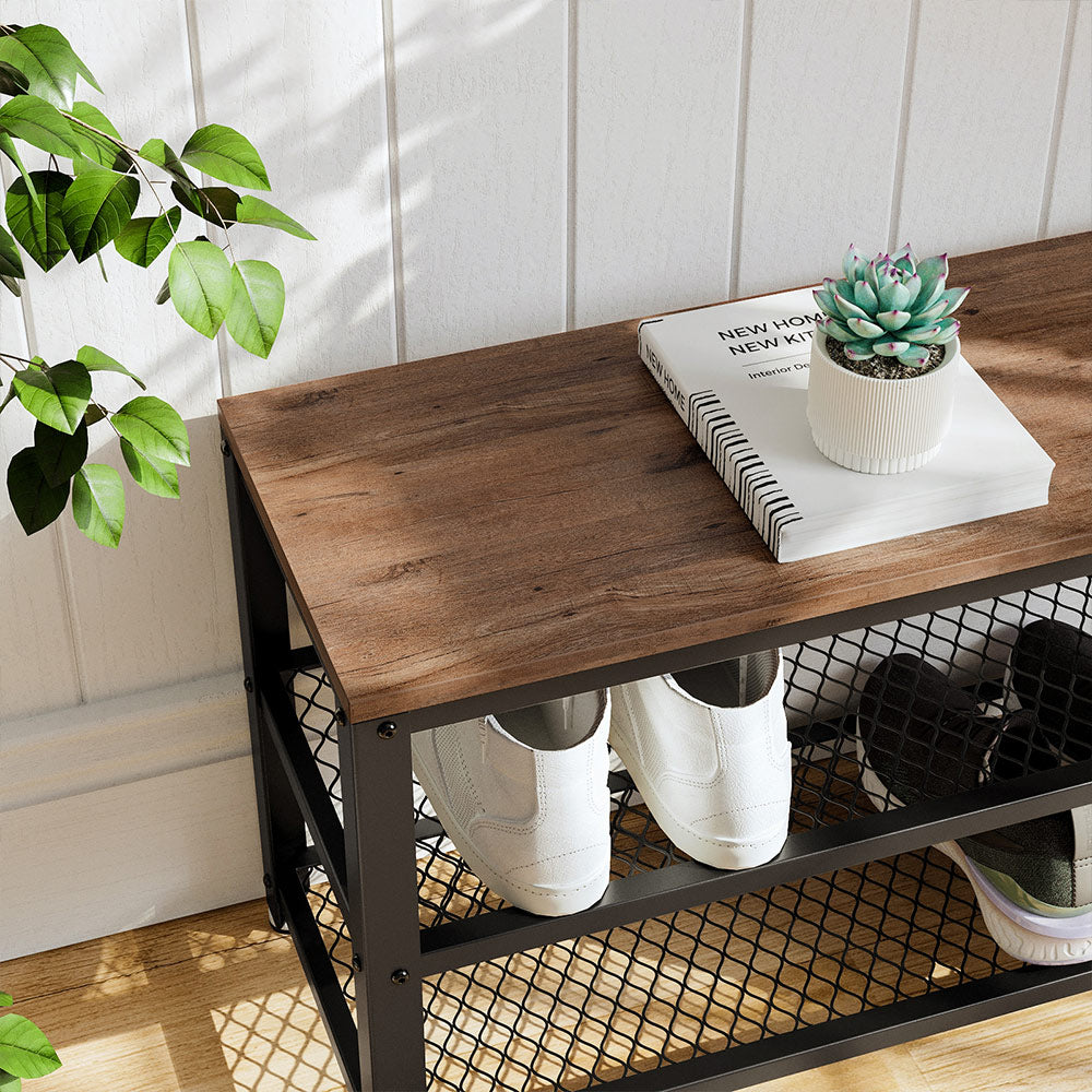Shoe Bench – Steel Frame – Hazelnut Brown and Black – 3-Tier Storage with Seat and Shelf