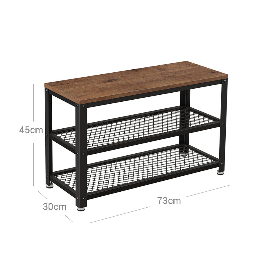 Shoe Bench – Steel Frame – Hazelnut Brown and Black – 3-Tier Storage with Seat and Shelf