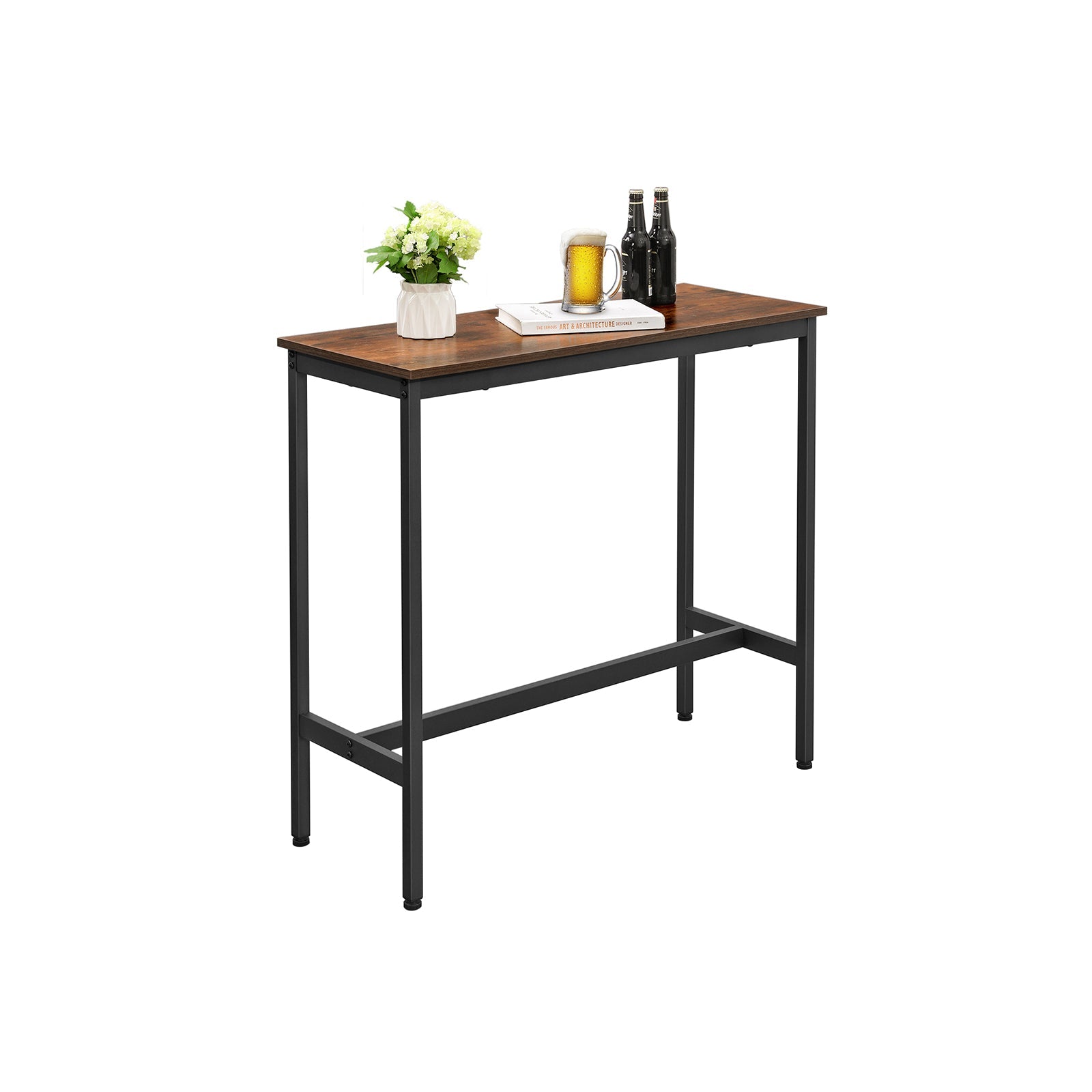 Narrow Rectangular Bar Table – Metal – Rustic Brown and Black – Industrial Design, Easy Assembly