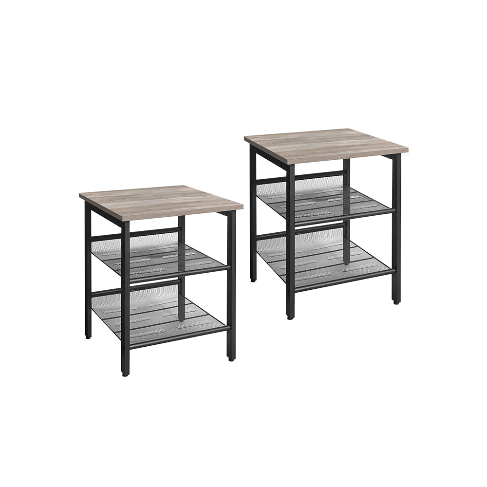 Nightstand Set – Steel Frame – Greige and Black – Adjustable Mesh Shelves