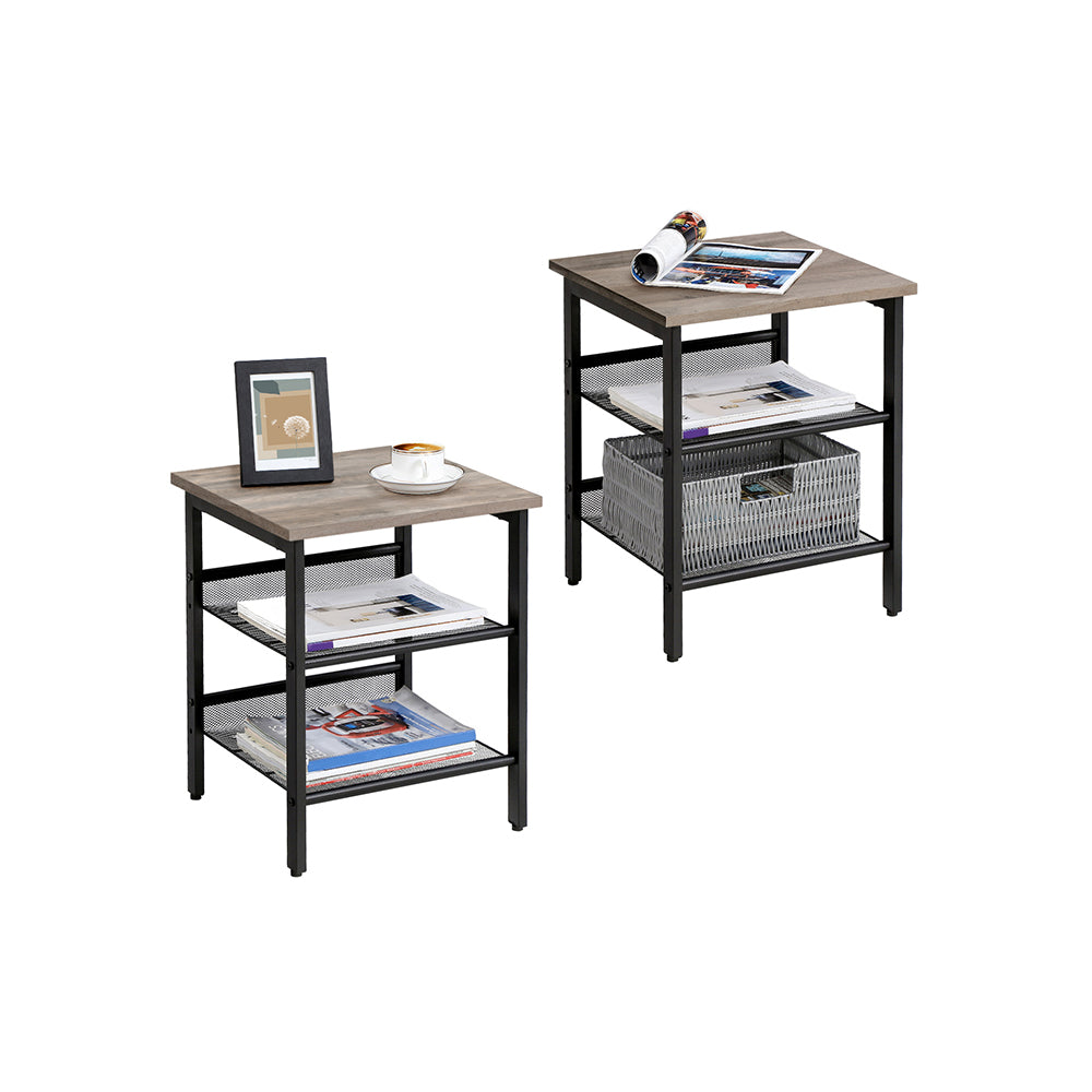 Nightstand Set – Steel Frame – Greige and Black – Adjustable Mesh Shelves