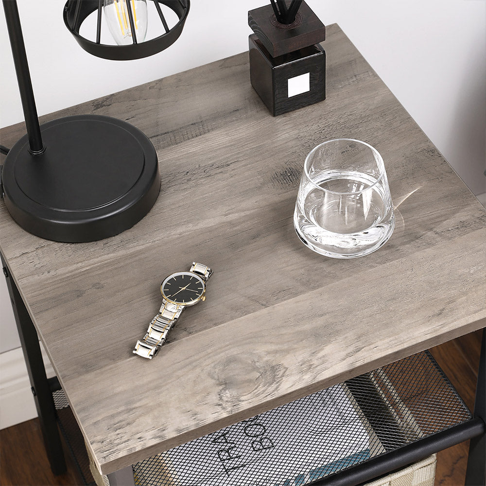 Nightstand Set – Steel Frame – Greige and Black – Adjustable Mesh Shelves