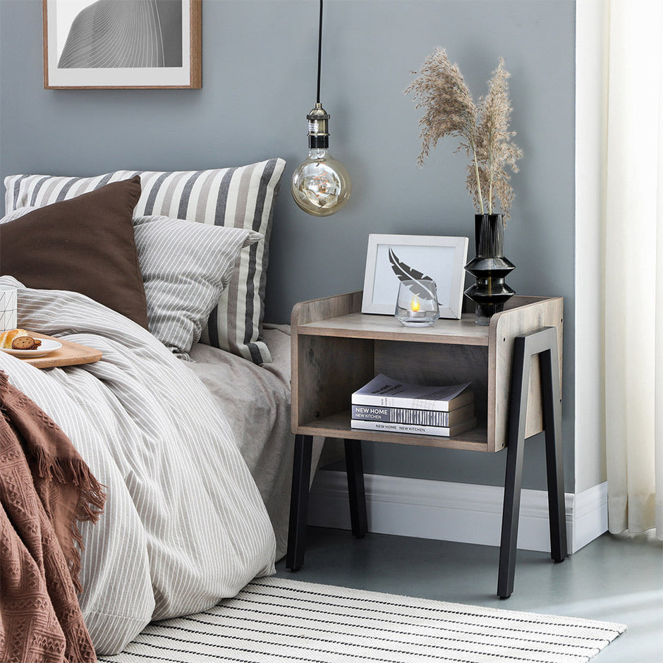 Stackable End Table – Steel – Greige and Black – Open Storage Compartment, Retro Rustic Chic Design