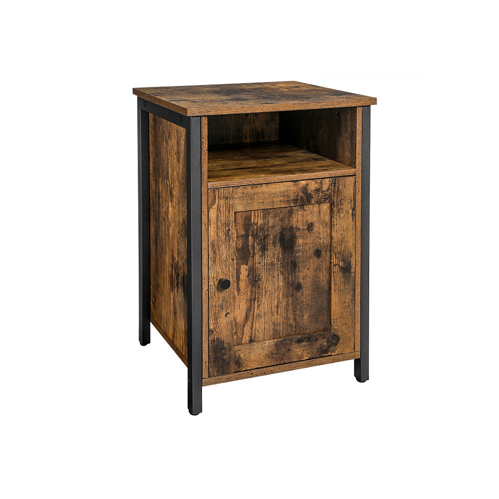 Nightstand – Metal and Wood – Rustic Brown and Black – Industrial Style with Open Compartment and Door