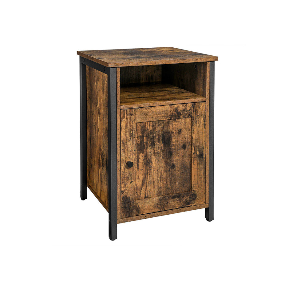 Nightstand – Metal and Wood – Rustic Brown and Black – Industrial Style with Open Compartment and Door