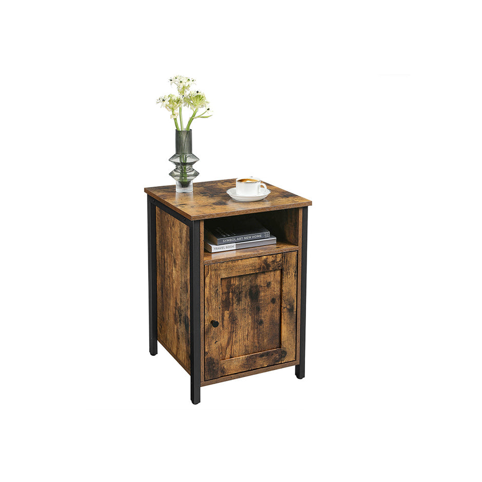 Nightstand – Metal and Wood – Rustic Brown and Black – Industrial Style with Open Compartment and Door