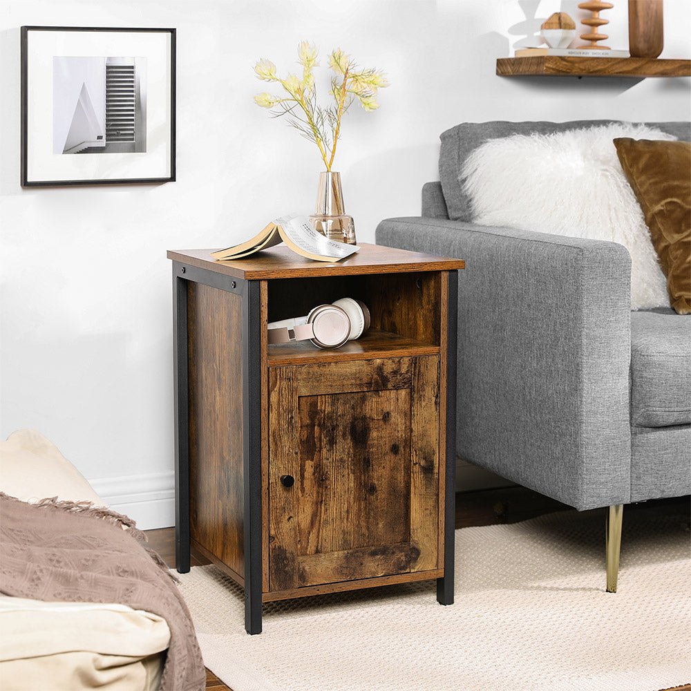 Nightstand – Metal and Wood – Rustic Brown and Black – Industrial Style with Open Compartment and Door