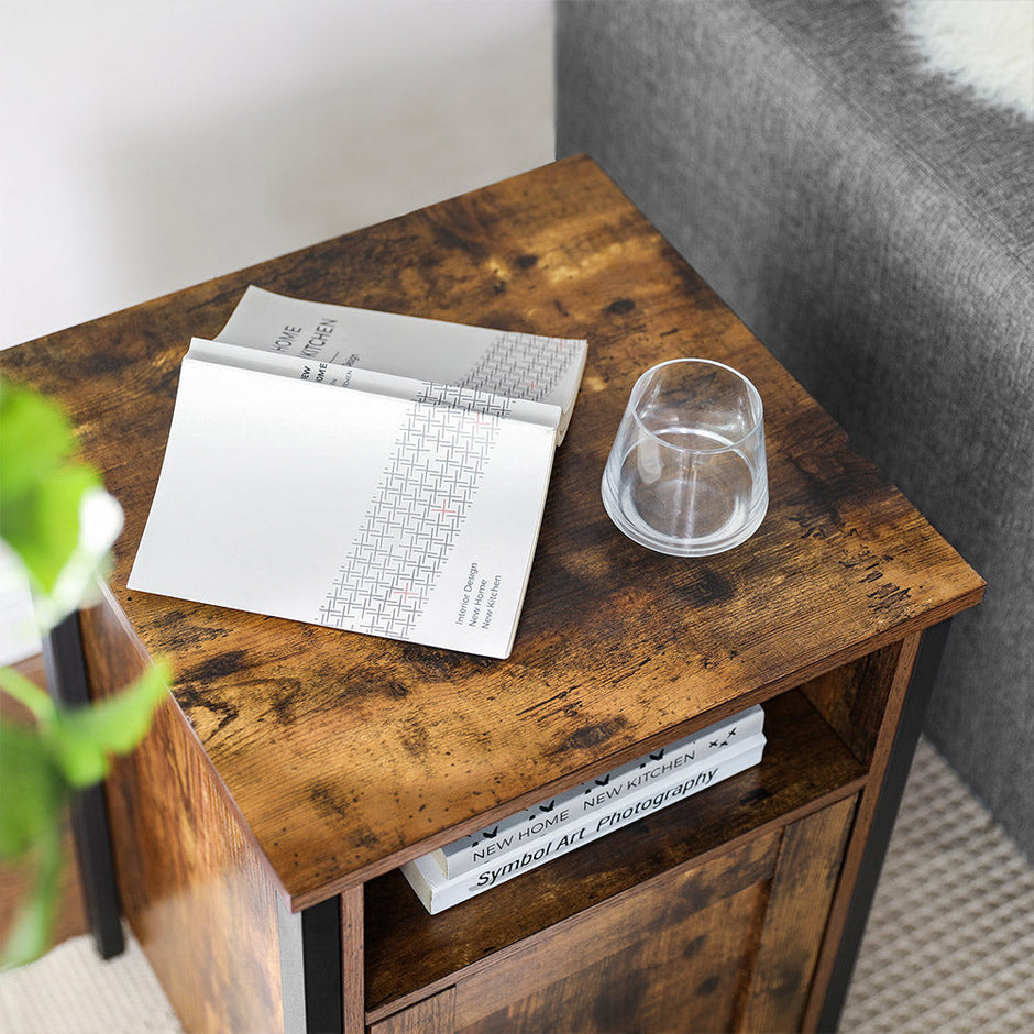 Nightstand – Metal and Wood – Rustic Brown and Black – Industrial Style with Open Compartment and Door