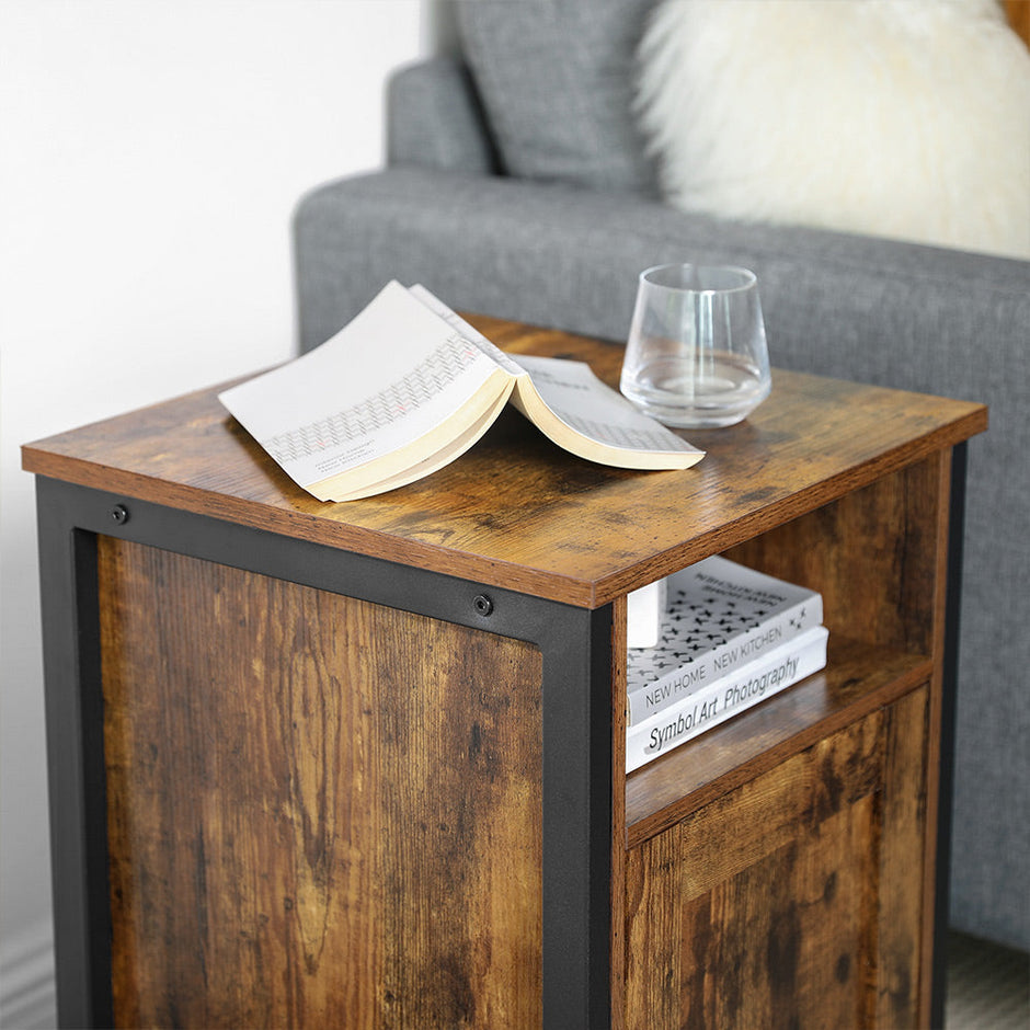 Nightstand – Metal and Wood – Rustic Brown and Black – Industrial Style with Open Compartment and Door