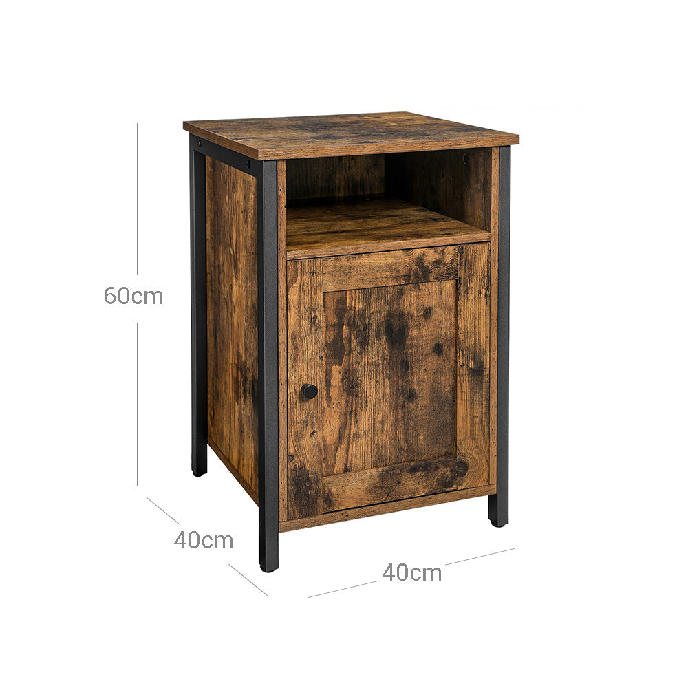 Nightstand – Metal and Wood – Rustic Brown and Black – Industrial Style with Open Compartment and Door