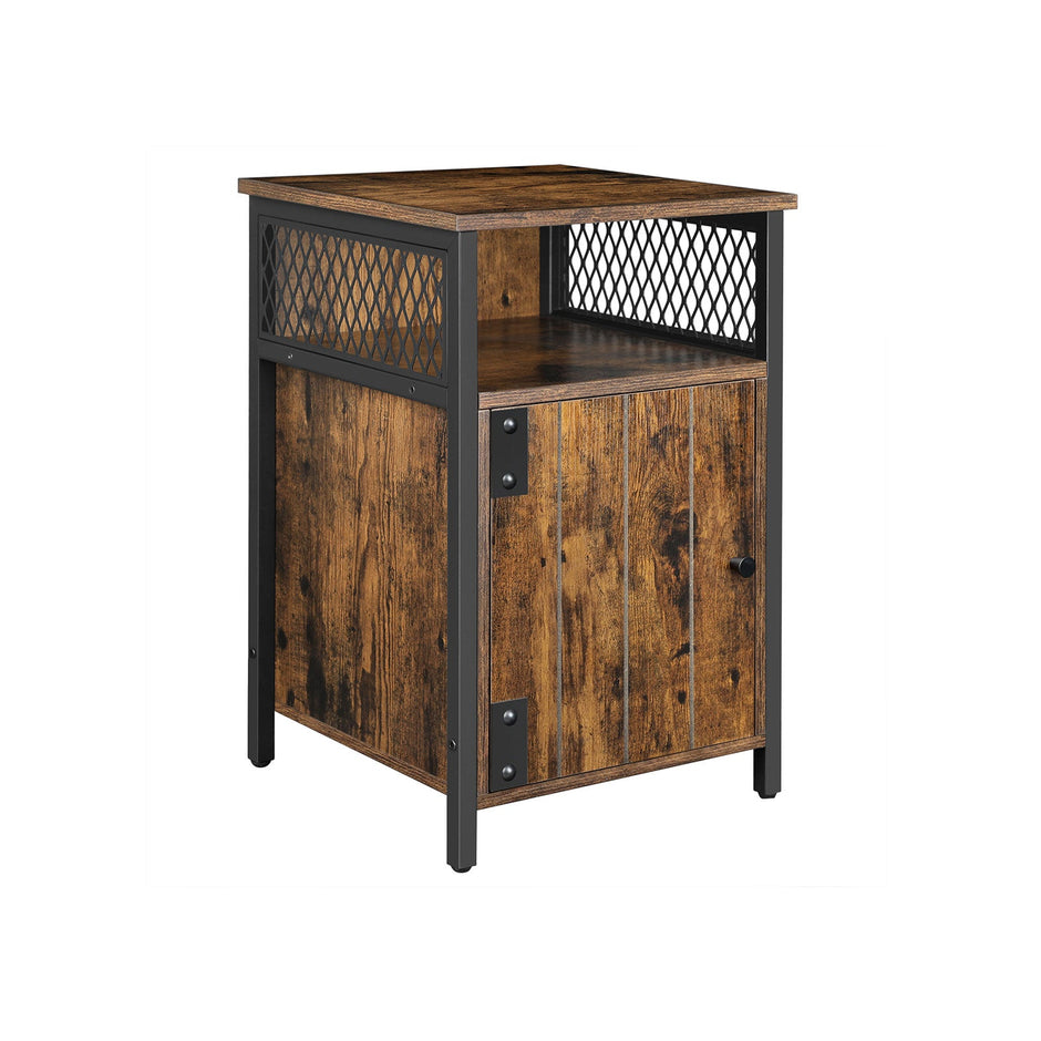 Side Table – Wood – Rustic Brown and Black – Open Shelf and Storage Cabinet