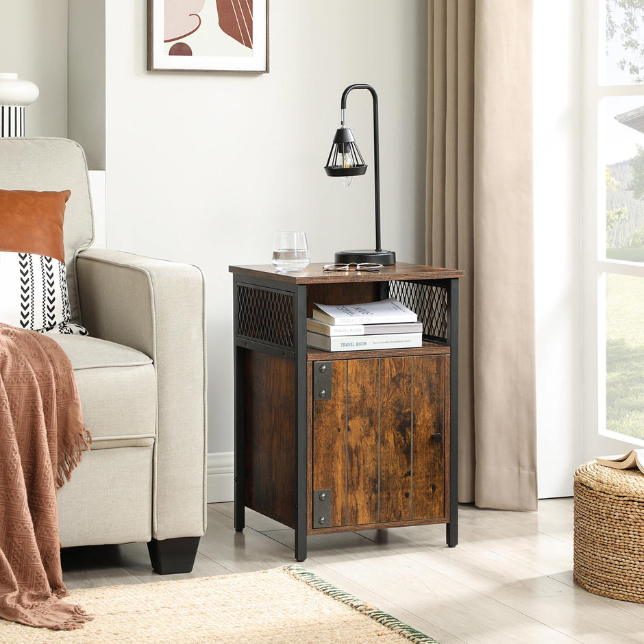 Side Table – Wood – Rustic Brown and Black – Open Shelf and Storage Cabinet