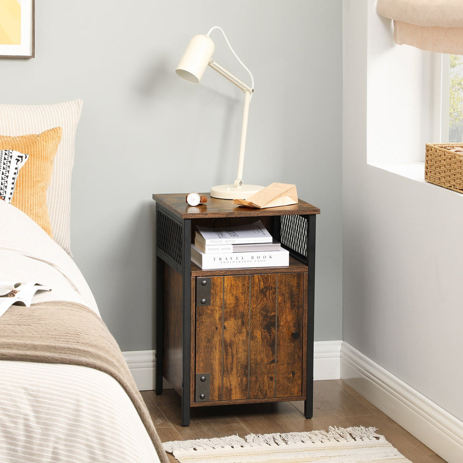 Side Table – Wood – Rustic Brown and Black – Open Shelf and Storage Cabinet