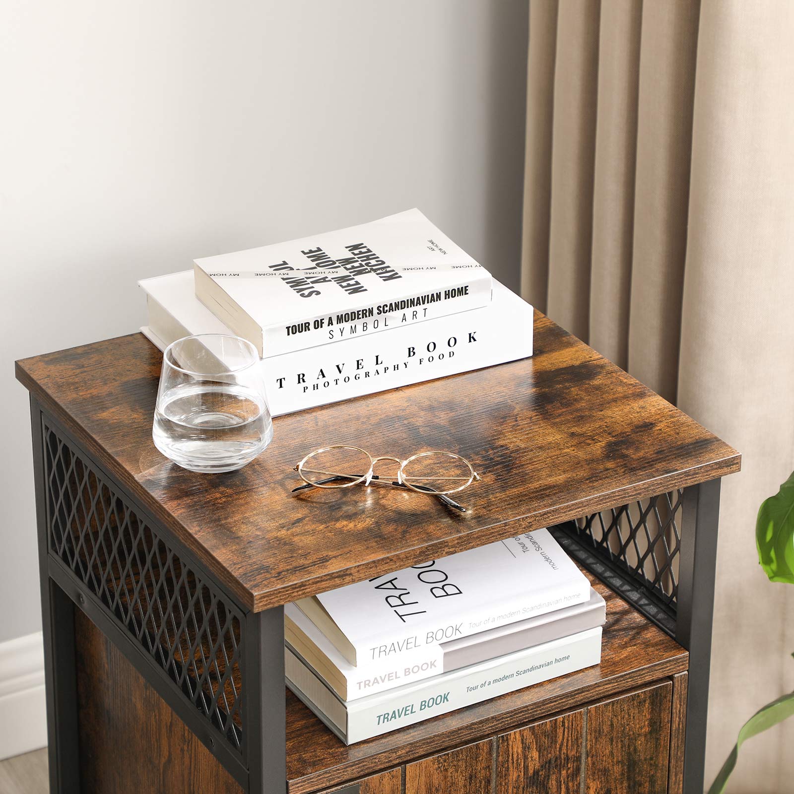 Side Table – Wood – Rustic Brown and Black – Open Shelf and Storage Cabinet