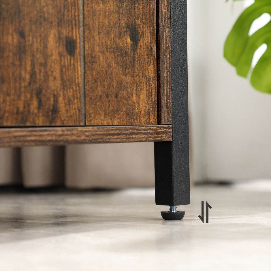 Side Table – Wood – Rustic Brown and Black – Open Shelf and Storage Cabinet